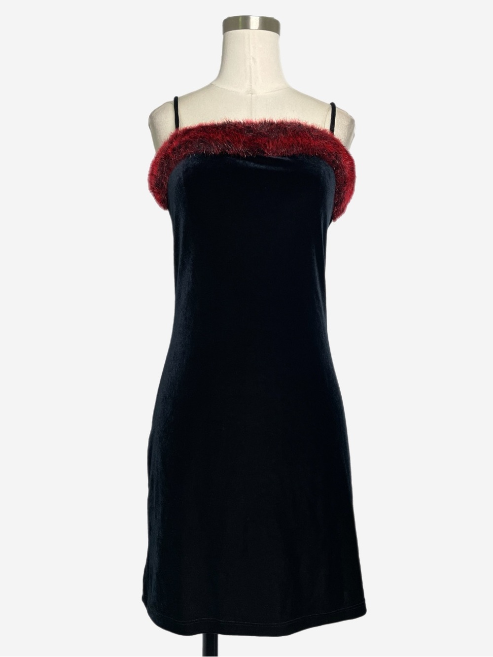 Vintage Y2K Status Collection black velvet red faux fur mini dress holiday XS/S